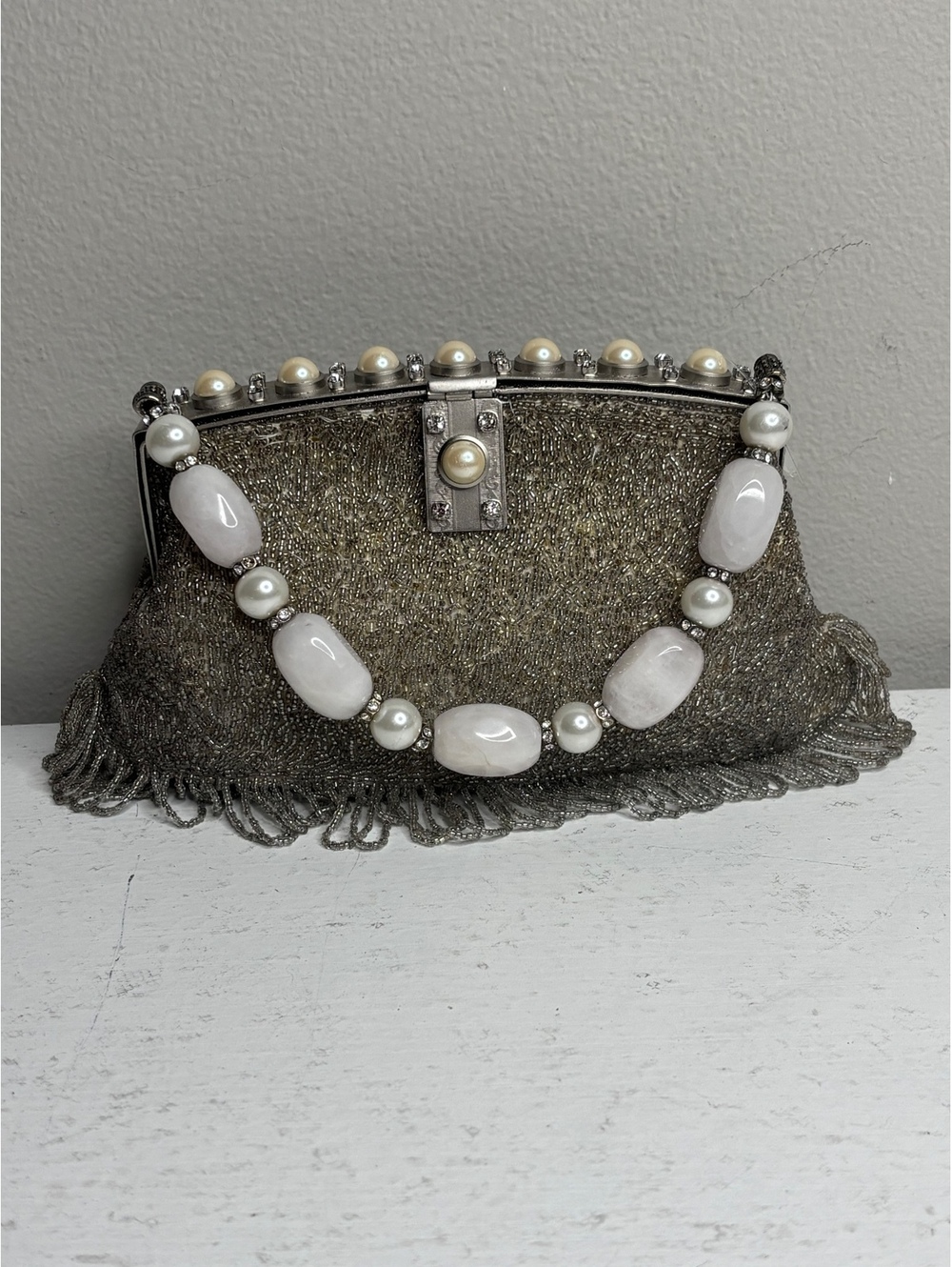 Yilin Beaded Natural Stone & Faux Pearl Rhinestone Handle Evening Bag
